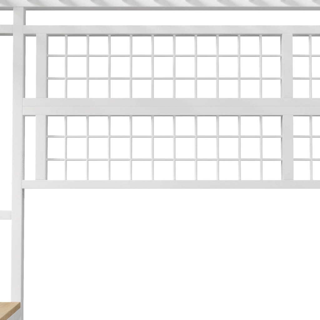 Letto a soppalco 90x200 cm con LED; vano portaoggetti e griglia appendiabiti in metallo e MDF