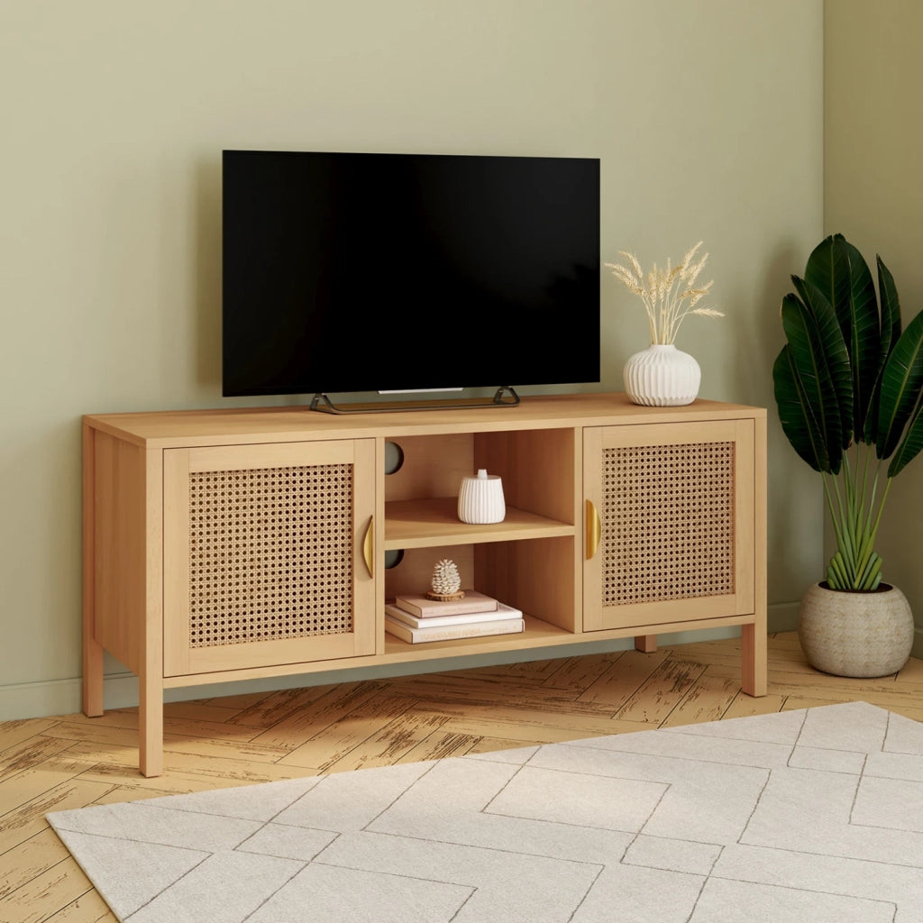 IDMarket - Mueble TV EDHEN 2 puertas con mimbre 110 cm
