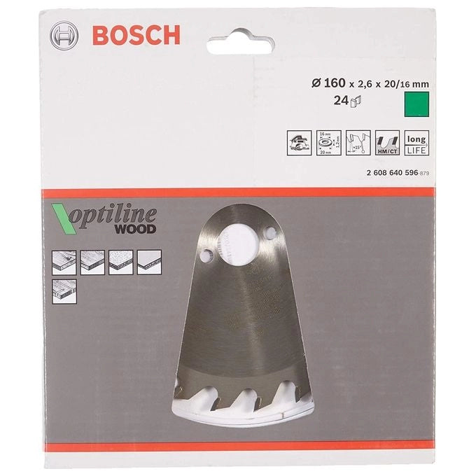 Bosch 2608640596 Optiline Wood Lama per Sega Circolare 160 mm 24 Denti Acciaio Temprato con Denti in Metallo Duro colore Nero