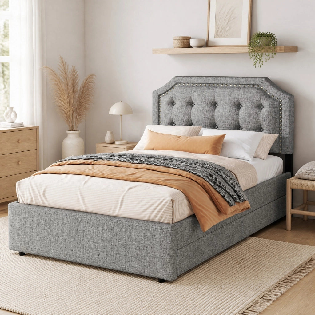 Letto imbottito 90x200 cm in tessuto grigio con testiera regolabile e 2 cassetti