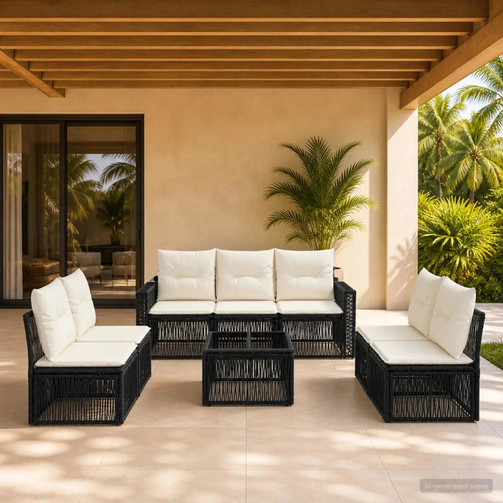 Set Divano da Giardino 8 pz Nero e Bianco Crema polyrattan 3435094