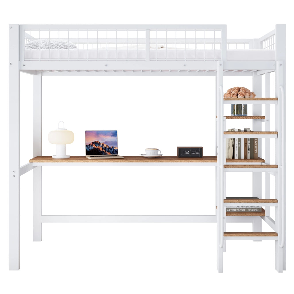 DESMIU Letto a Soppalco 1 Posto con Scrivania, Scaffali e Scala 90 × 200 cm, Senza Materasso, Metallo e Legno, Bianco Naturale