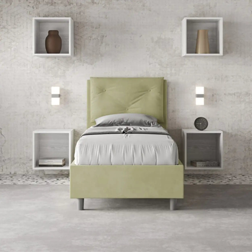 Letto singolo contenitore imbottito 80x190 microfibra tè verde Appia