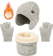 Set di abbigliamento invernale 3 in 1 per bambino con cuffia e sciarpa, con auricolari spessi, adatto a bambini dai 4 ai 10 anni, colore grigio.