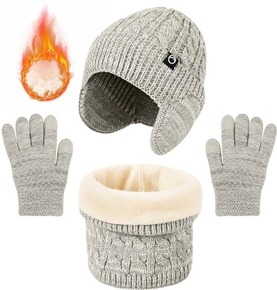 Set di abbigliamento invernale 3 in 1 per bambino con cuffia e sciarpa, con auricolari spessi, adatto a bambini dai 4 ai 10 anni, colore grigio.
