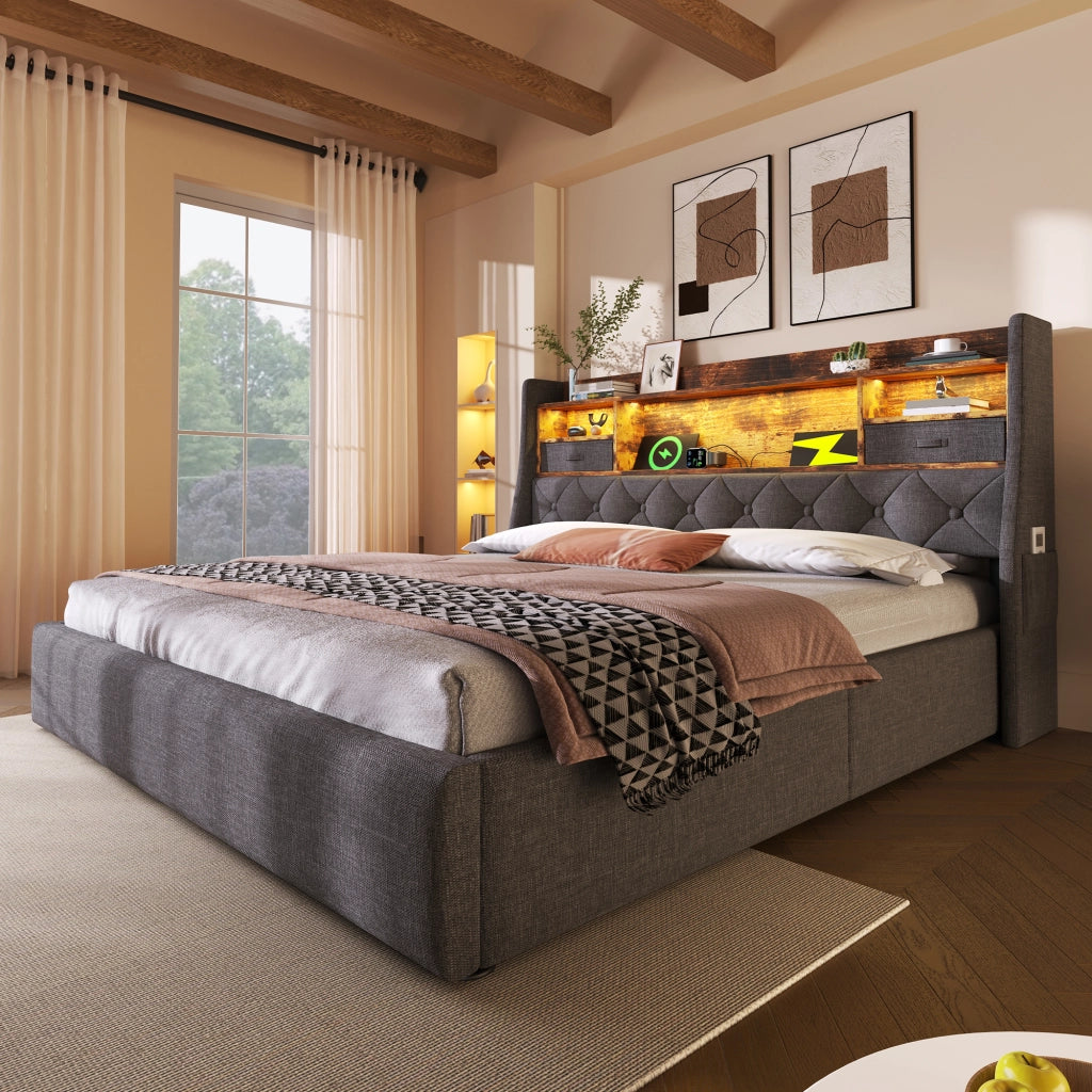 LETTO Contenitore 140x200 cm in Lino Grigio con LED e USB/Type-C