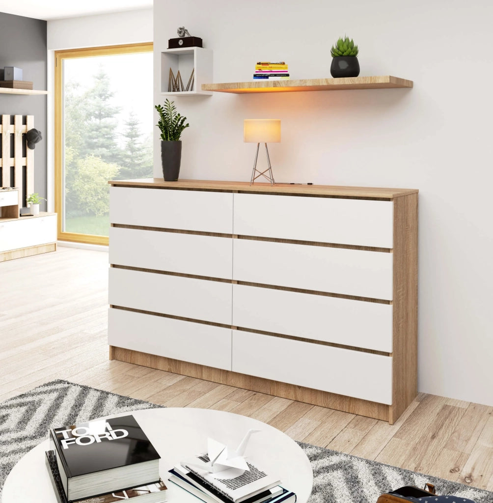 Cassettiera AKORD K160 Sonoma Quercia 160 cm 8 cassetti inserto frontale Bianco 160x40x99 cm