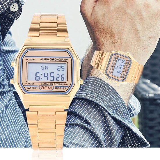 Orologio digitale quadrato - Cinturino in acciaio inossidabile - Impermeabile 30m - Visualizzazione 12/24 ore - Allarme/Chrono - 33x36mm - Orologio da polso