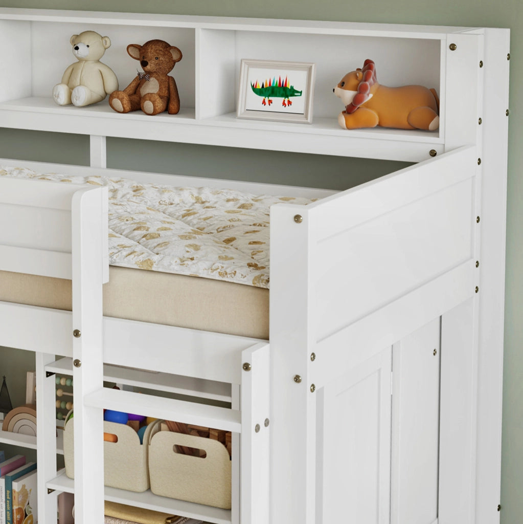 Letto a castello 90x200 cm con scrivania, armadio e scaffali bianco