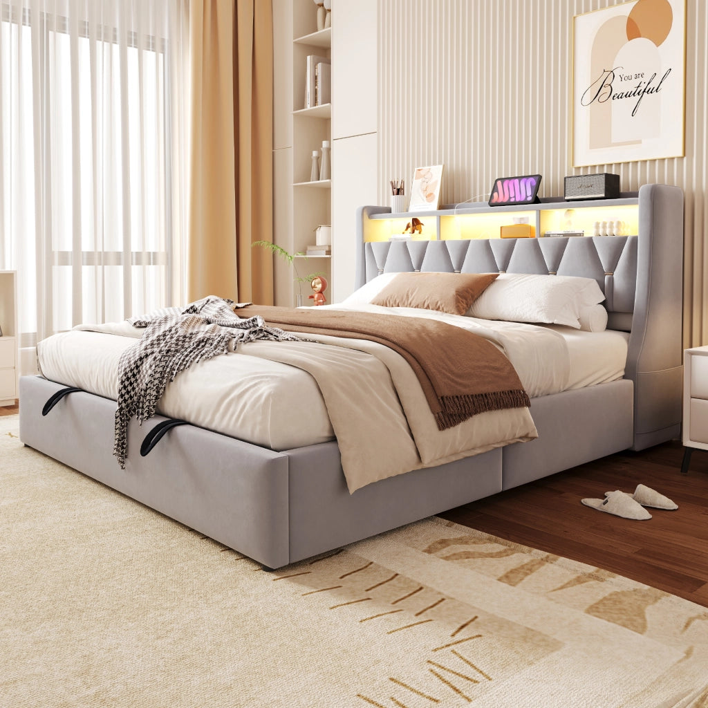 Letto matrimoniale contenitore 180x200 cm con testiera ribaltabile; prese; LED e piedi maggiorati; velluto grigio chiaro