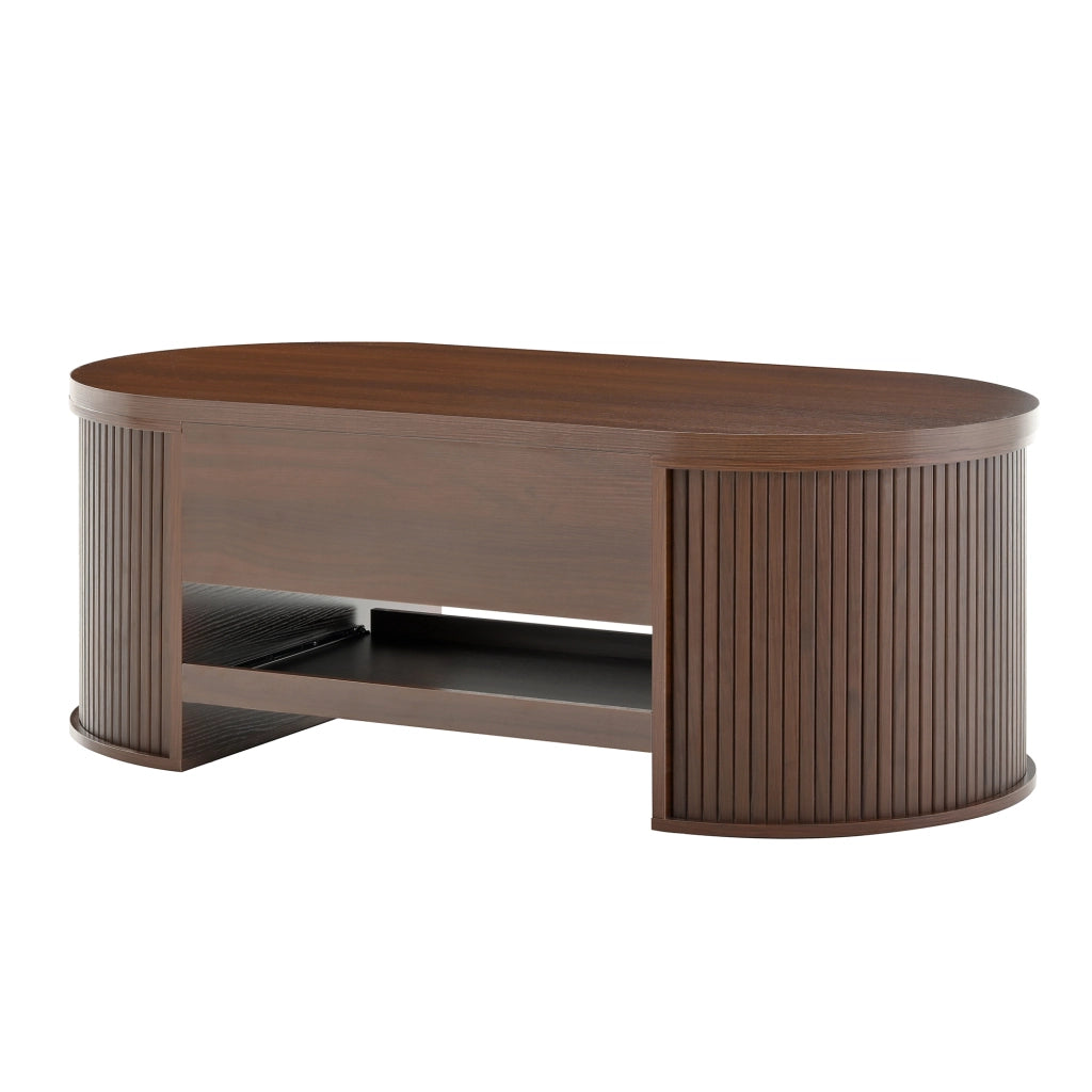 Tavolino da salotto sollevabile con spazio contenitivo e ripiano scorrevole per soggiorno, in MDF, noce naturale, 110 × 55,5 × 40 cm