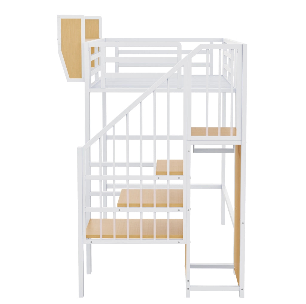Letto a soppalco 90x200 in metallo bianco con scala di sicurezza e ripiano