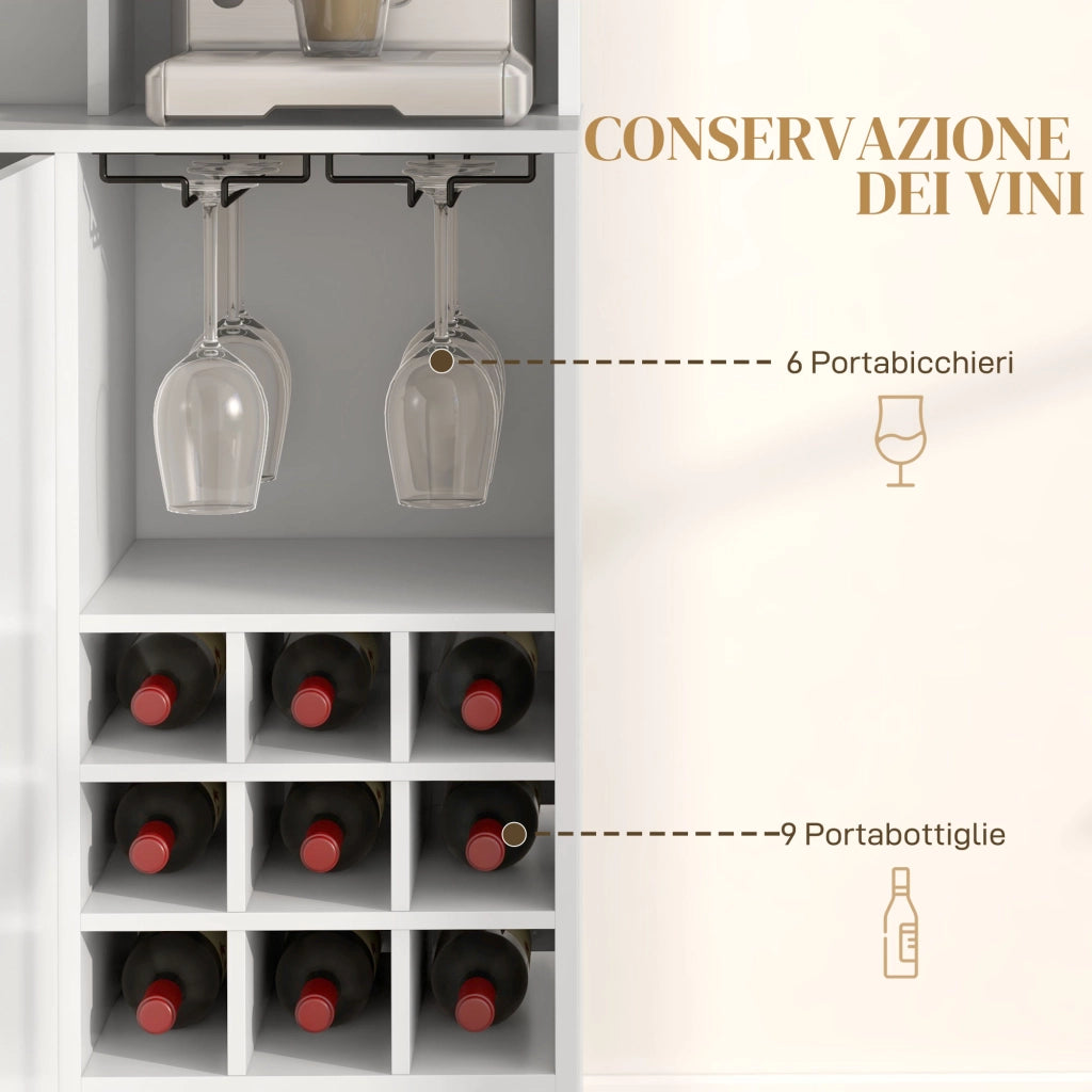 Mobile Dispensa con Portabottiglie, Armadietti, Ripiani e Cassetto, in Truciolato e Legno, 100x38x172 cm, Bianco