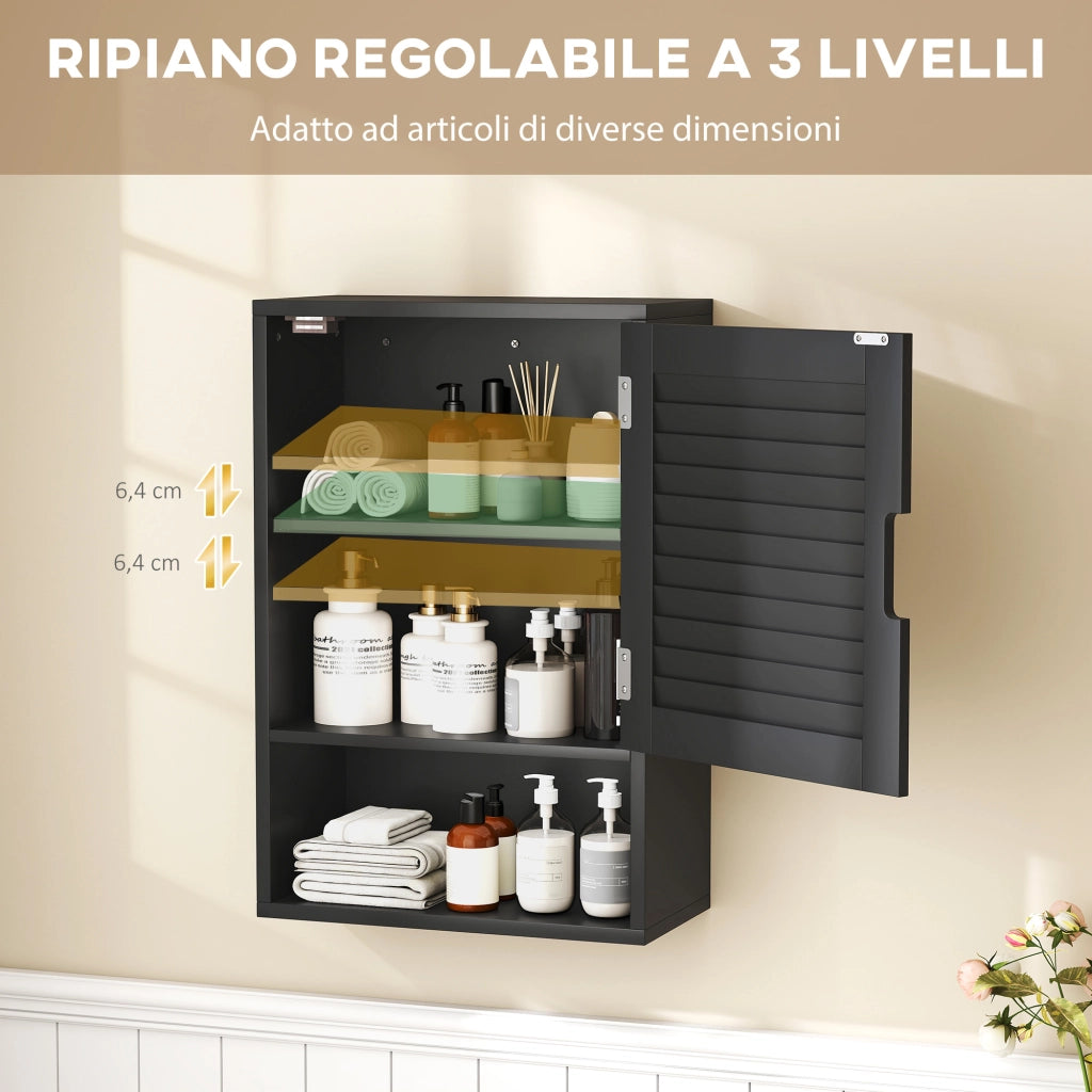 Armadietto Bagno a Parete con Ripiano Regolabile e Anta Ammortizzata, 40x20x60 cm, Nero
