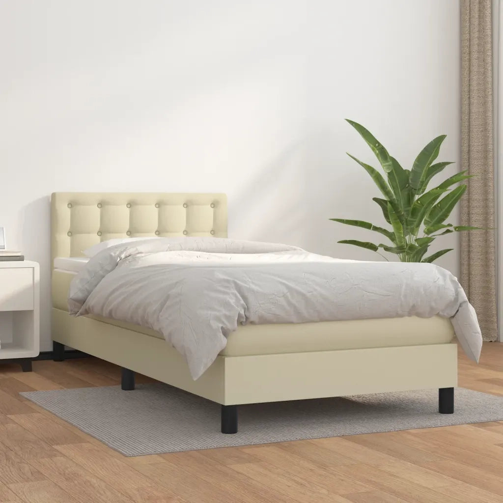 Letto singolo | Letto per adulti | Giroletto a Molle con Materasso Crema 90x190 cm in Similpelle