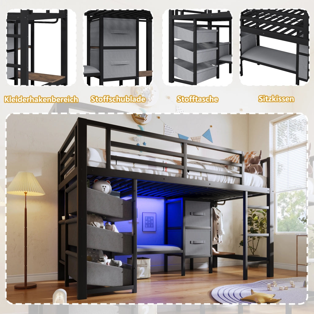 LETTO a metà altezza 90x200 cm Metallo Nero con cuscino, LED e vani portaoggetti