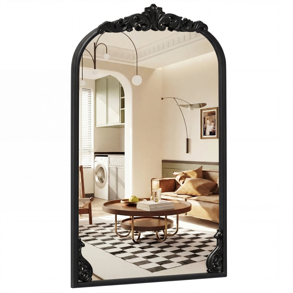 Specchio da parete ad arco barocco ornato con cornice in metallo, Specchio da parete 90 x 61 cm Nero