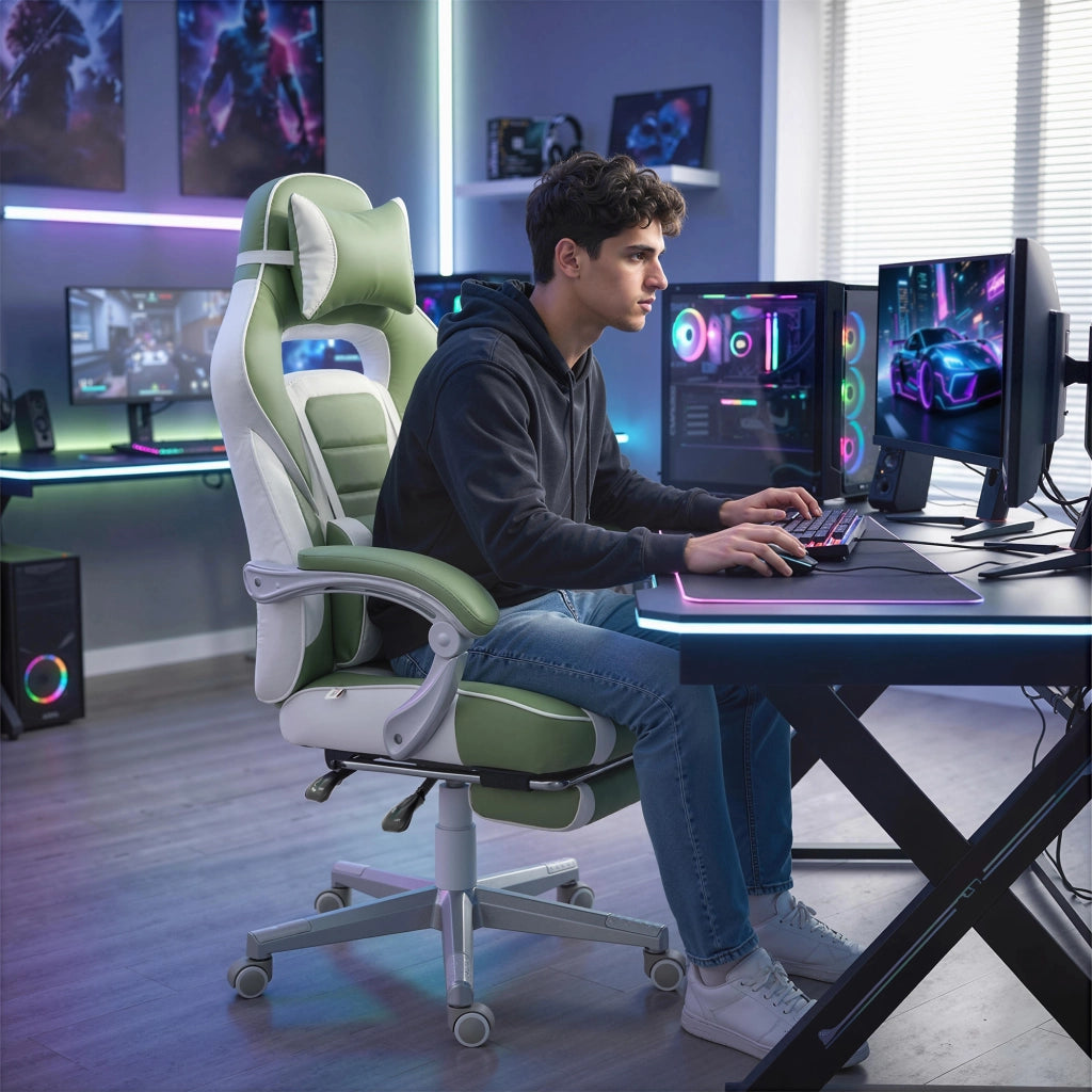 Sedia Gaming Reclinabile con Poggiapiedi e Supporto Lombare ¨C zephmum ¨C Verde
