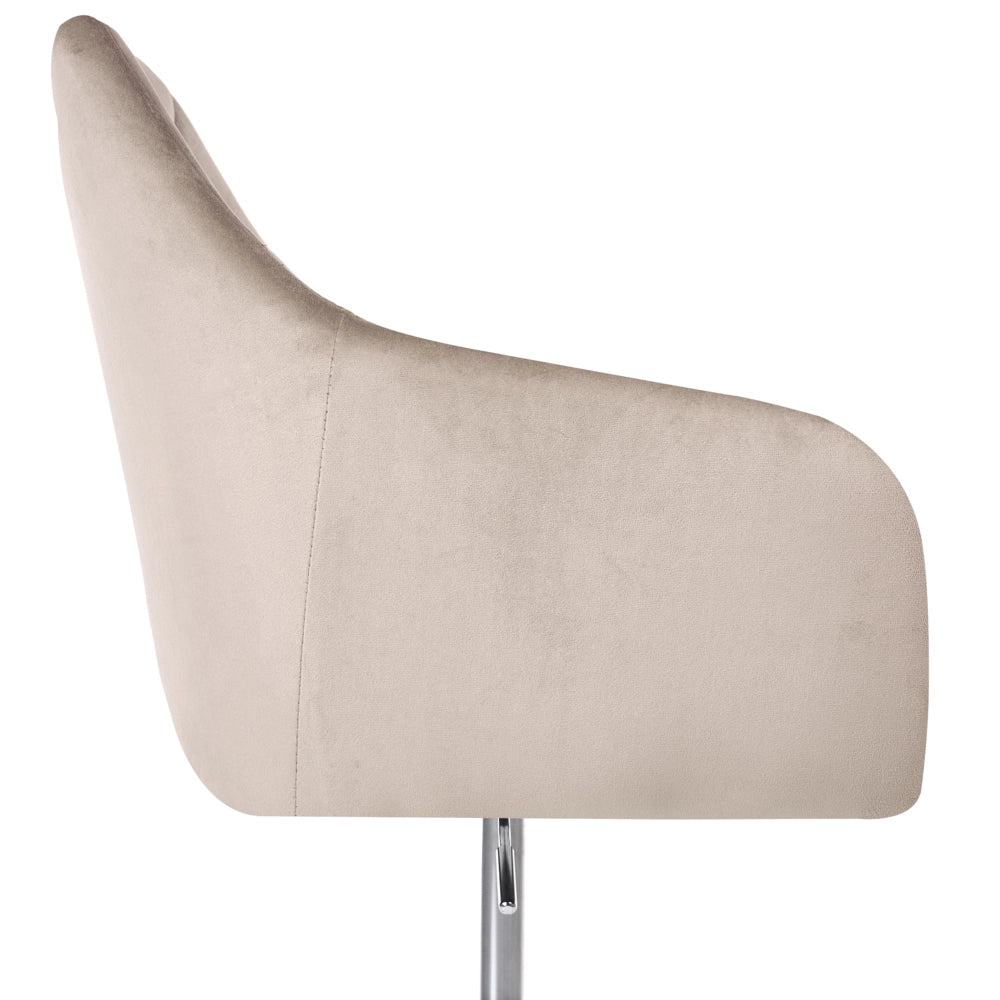 Sedia da ufficio in velluto beige con meccanismo a gas per la regolazione dell'altezza schienale trapuntato con cristalli e base girevole a 360°