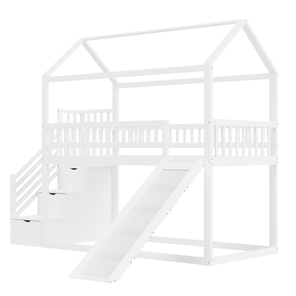 Letto a soppalco 90×200 cm; letto singolo con scivolo e scala contenitore; sponde alte; senza materasso; legno