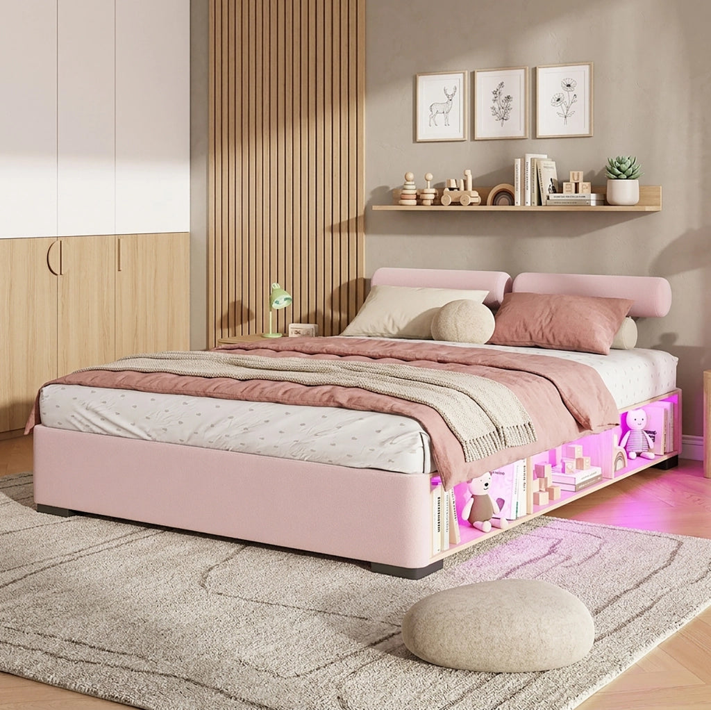 Letto imbottito per bambini rosa 140x200 cm con LED e vano laterale