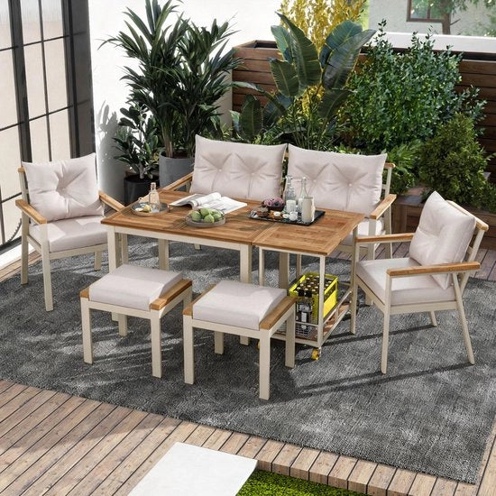 Sedia da Giardino in Legno di Acacia - 6-7 Posti - Carrello Trasportabile - Cuscini di Tela Lavabili