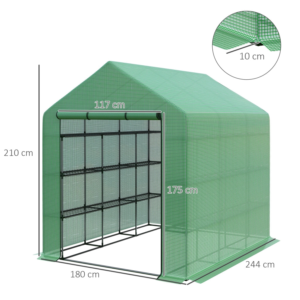Serra a tunnel con 8 ripiani, serra per pomodori con porta, verde, realizzata in acciaio e plastica PE