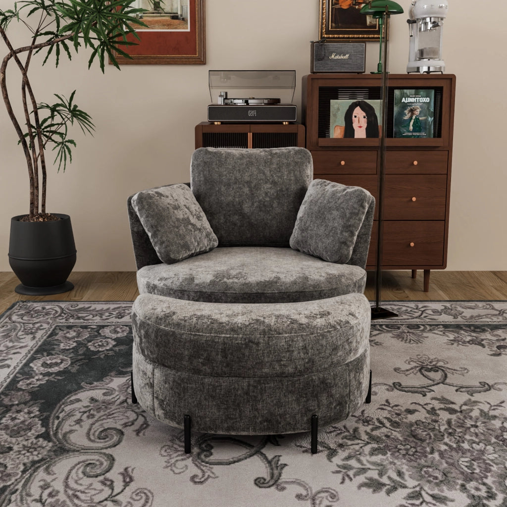 Poltrona XXL con Pouf a Luna ¨C Xylo ¨C Grigio, Tessuto Chenille, Cuscini