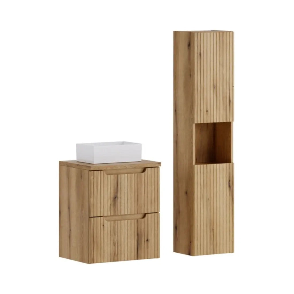 Insieme VANO rovere chiaro 80cm: mobile sotto lavabo con cassetti + piano per lavabo + lavabo rettangolare da appoggio + colonna