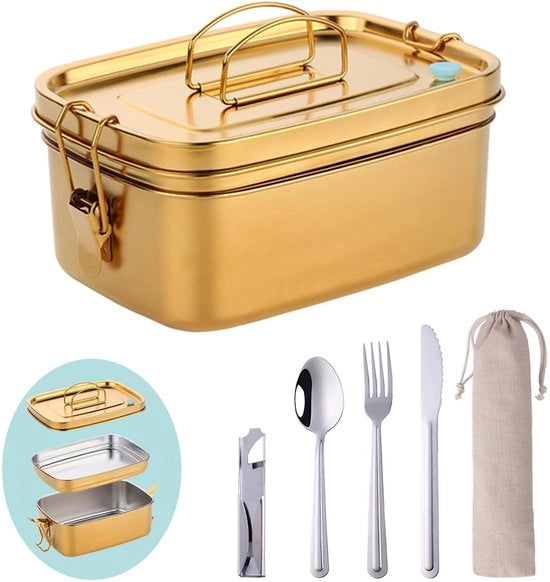 Lunchbox in acciaio inossidabile 18/10, 1500 ml, metallo, impermeabile e con 2 aperture di aerazione.