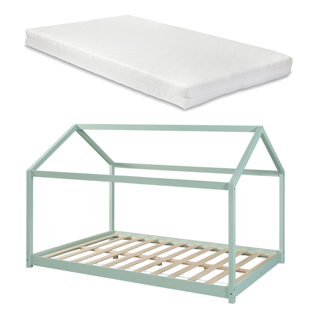 Letto per Cameretta Cerro a Forma di Casetta con Materasso 140 x 200 cm Menta Verde [en.casa]