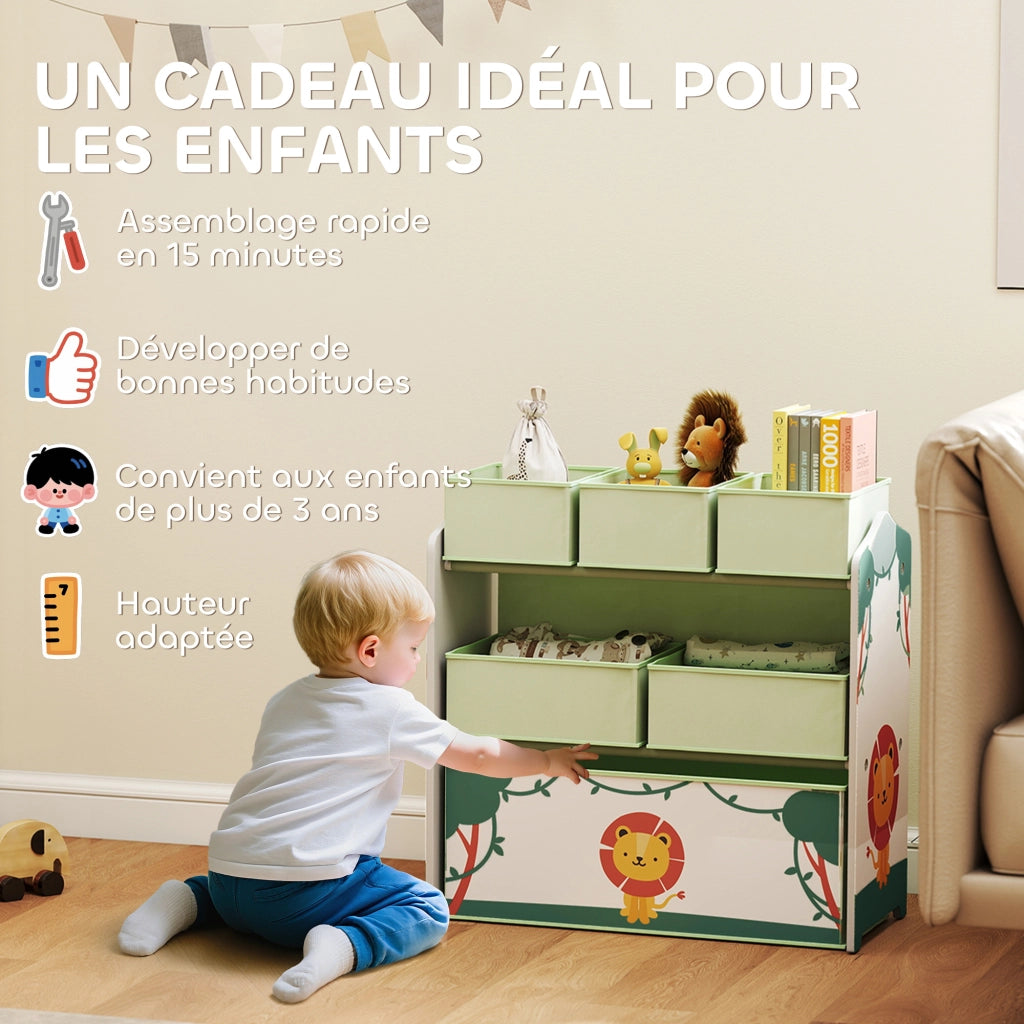Scaffale per bambini a 3 ripiani con 6 scatole in tessuto ¨C zephmum ¨C verde