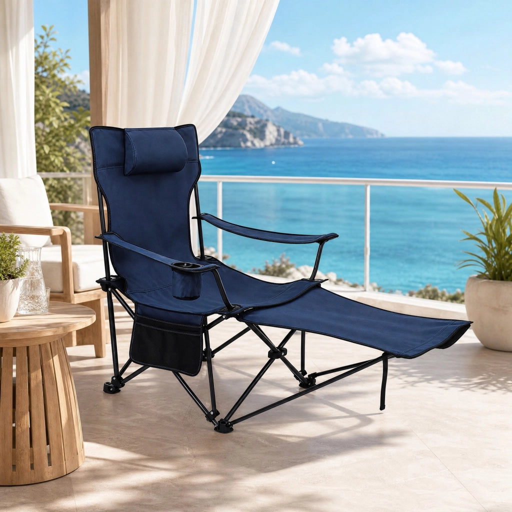 Sedia da campeggio pieghevole con poggiapiedi estraibile, schienale regolabile, portabicchieri, 150 kg, blu