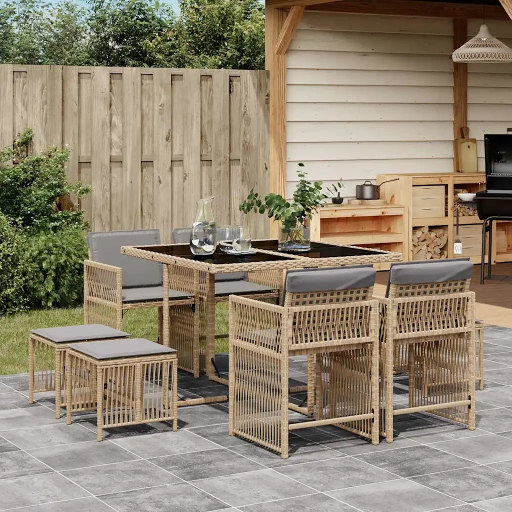 Set Pranzo da Giardino 9 pz con Cuscini Beige Misto Polyrattan