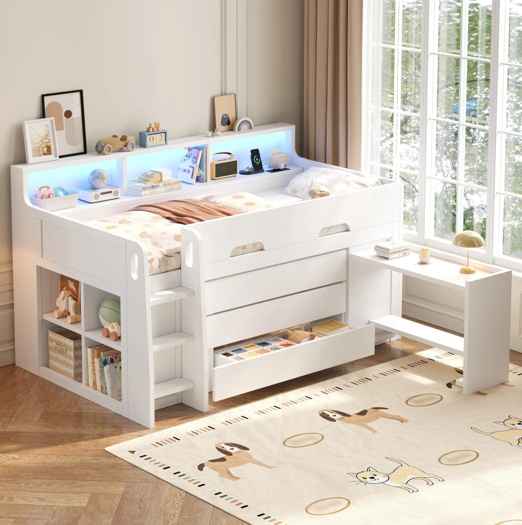 Letto a soppalco basso 90x200 cm con 3 cassetti; scrivania mobile; LED e ripiani; bianco