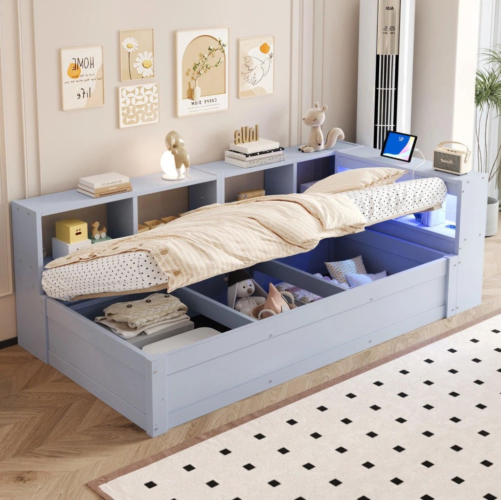 Letto multifunzionale 90x200 cm con LED, presa integrata e vano contenitore