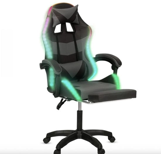 Sedia Gaming LED a Scheda Nera-Grigia – Sedia Gamer Comoda con Supporto per i Piedi, Cuscini per la Testa e la Colonna Vertebrale – Sedia da Gioco Adattabile per PC, Console e Streaming