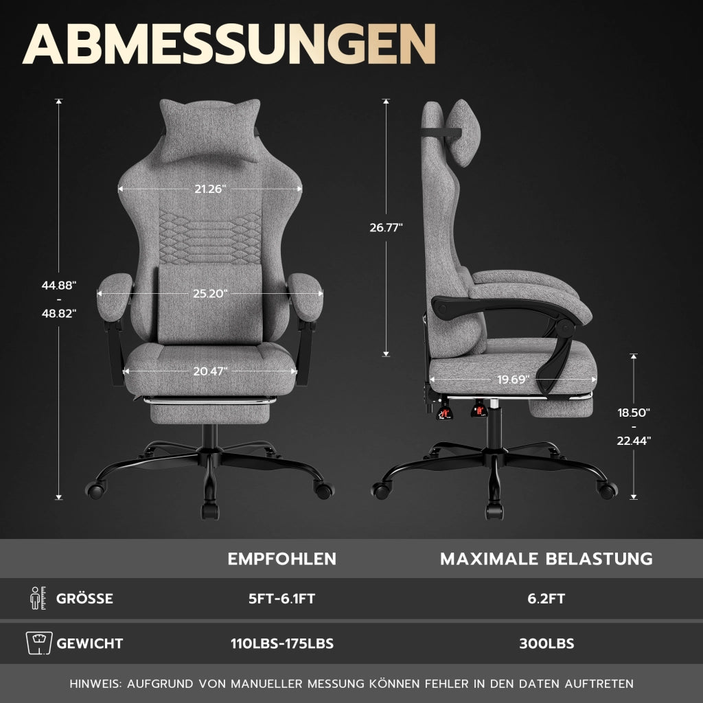 Poltrona Gaming Massaggiante ¨C MINIMAL ¨C Tessuto, Poggiapiedi, Grigio Chiaro