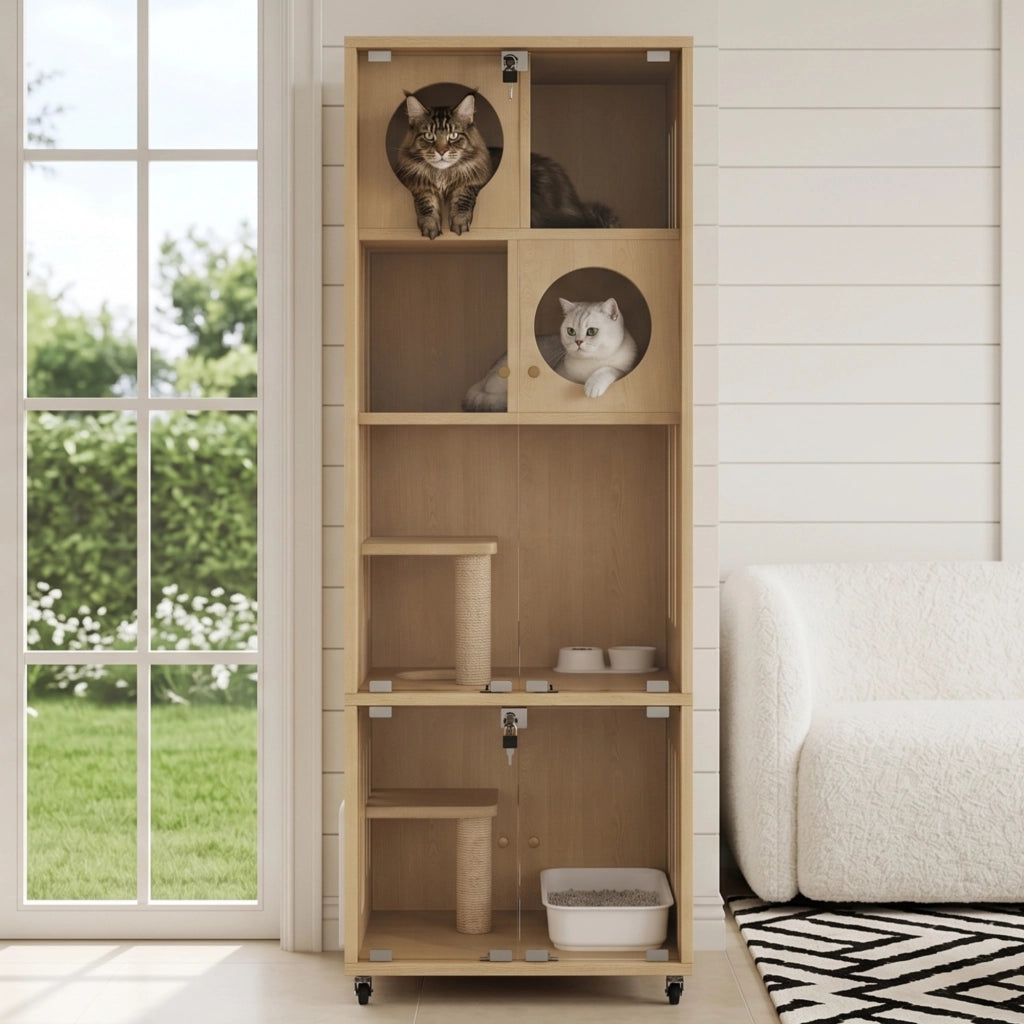 Albero tiragraffi per gatti con ruote e sportello in vetro con serratura per interno in MDF e vetro naturale 60×50×156 cm