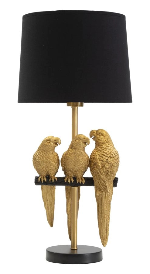 Lampada da tavolo con pappagalli dorati, paralume nero diam 30x62.5cm
