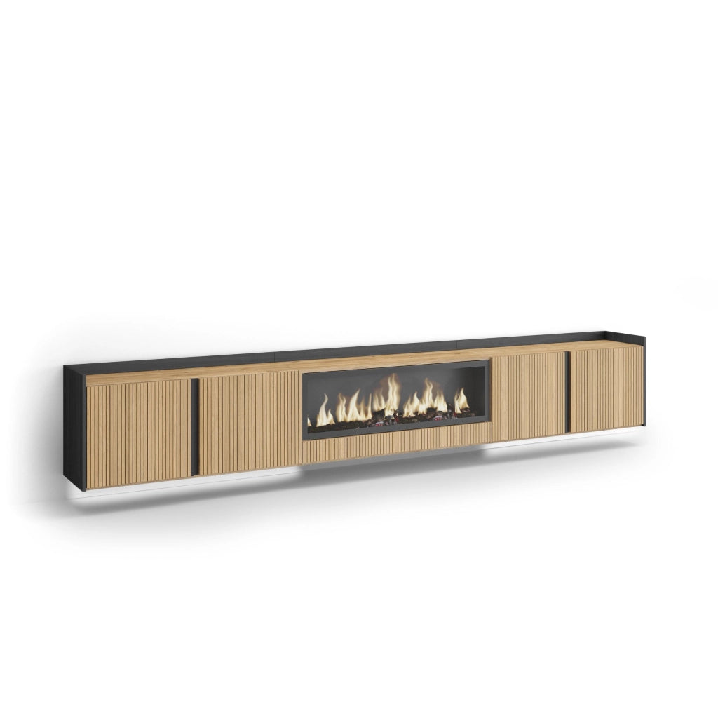 Mobile TV Soggiorno, 315x50x35 cm, Per TV fino a 80", Camino elettrico XXL, Sospeso, da appendere, Led, Rovere e nero