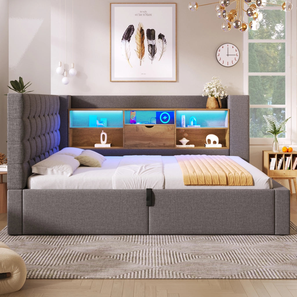 OKWISH Letto contenitore 90×190 cm, Letto singolo con LED, USB e Tipo C, Testiera a L reversibile, senza Materasso, in Lino, Grigio