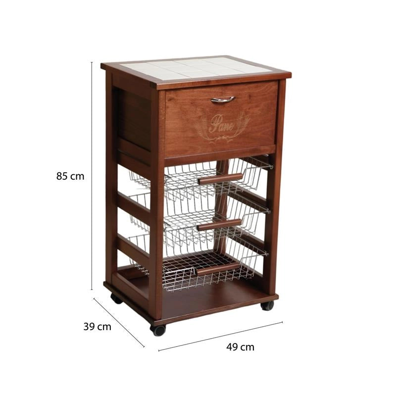 CARRELLO PORTAPANE 85X49X39 CM IN COLORE NOCE TOP BIANCO