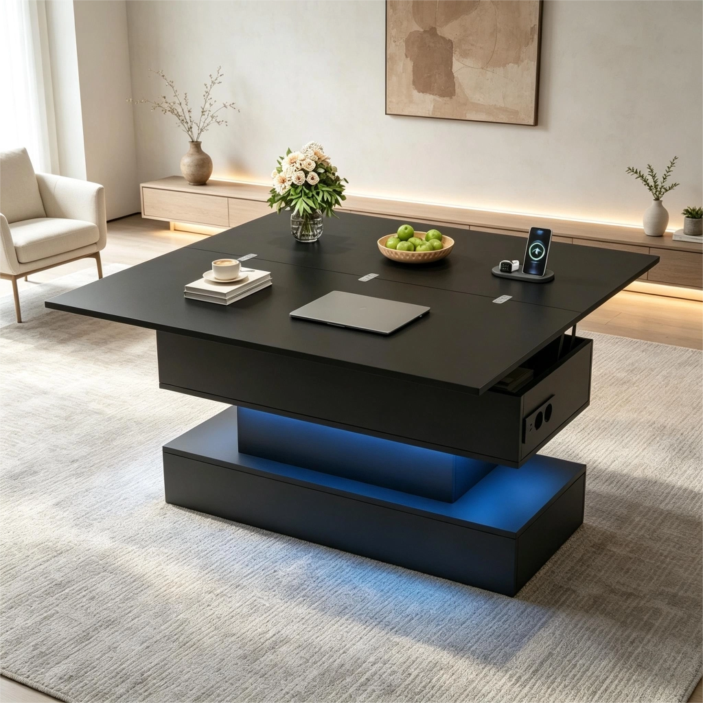 Tavolino da salotto elevabile con vano contenitore; LED e presa integrata per soggiorno; 100×50×51.5 cm