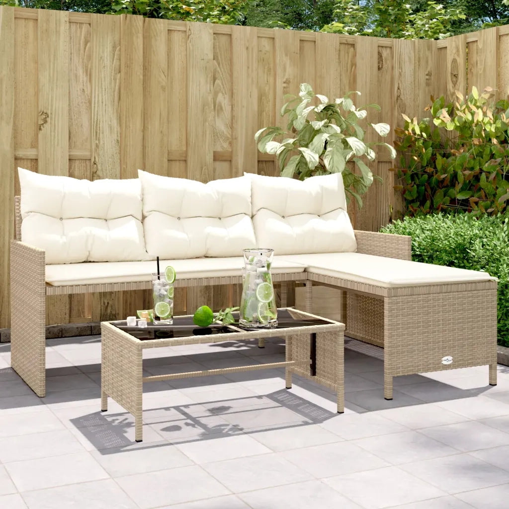Divano da Giardino con Tavolo e Cuscini a L-Sofa da Giardino-Divano da esterno Beige in Polyrattan 851611