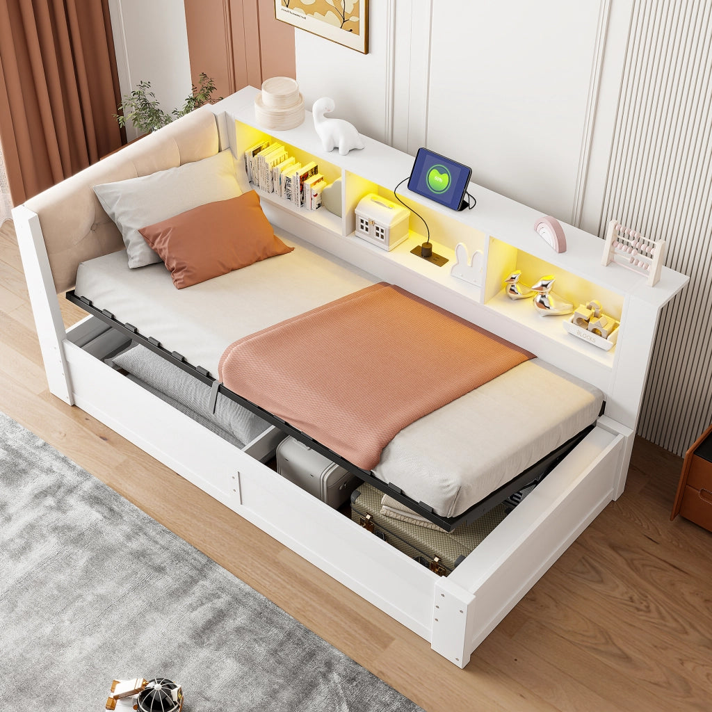 LETTO Contenitore laterale 90x200 cm Bianco con USB e LED