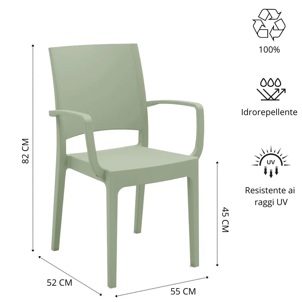 Set 4 sedie con braccioli in polipropilene FLORA, MADE IN ITALY, impilabile, resistente ai raggi UV, design moderno, ideale per interno ed esterno, colore Menta