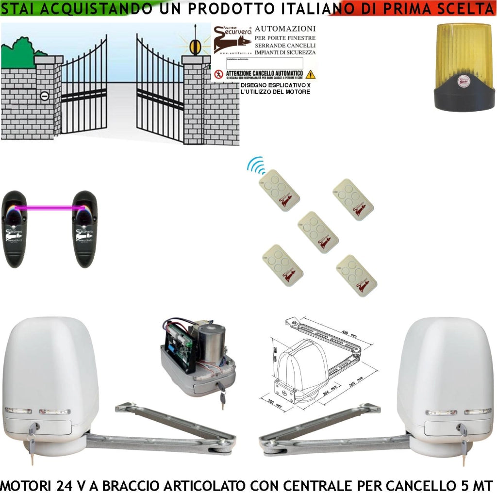 Kit 2 Motori a Braccio Articolato 24 V Cancello Automatico 2 Ante da 0,5 a 2,5 MT Centrale 220/24 V 5 Radiocomandi Faro Fotocellule