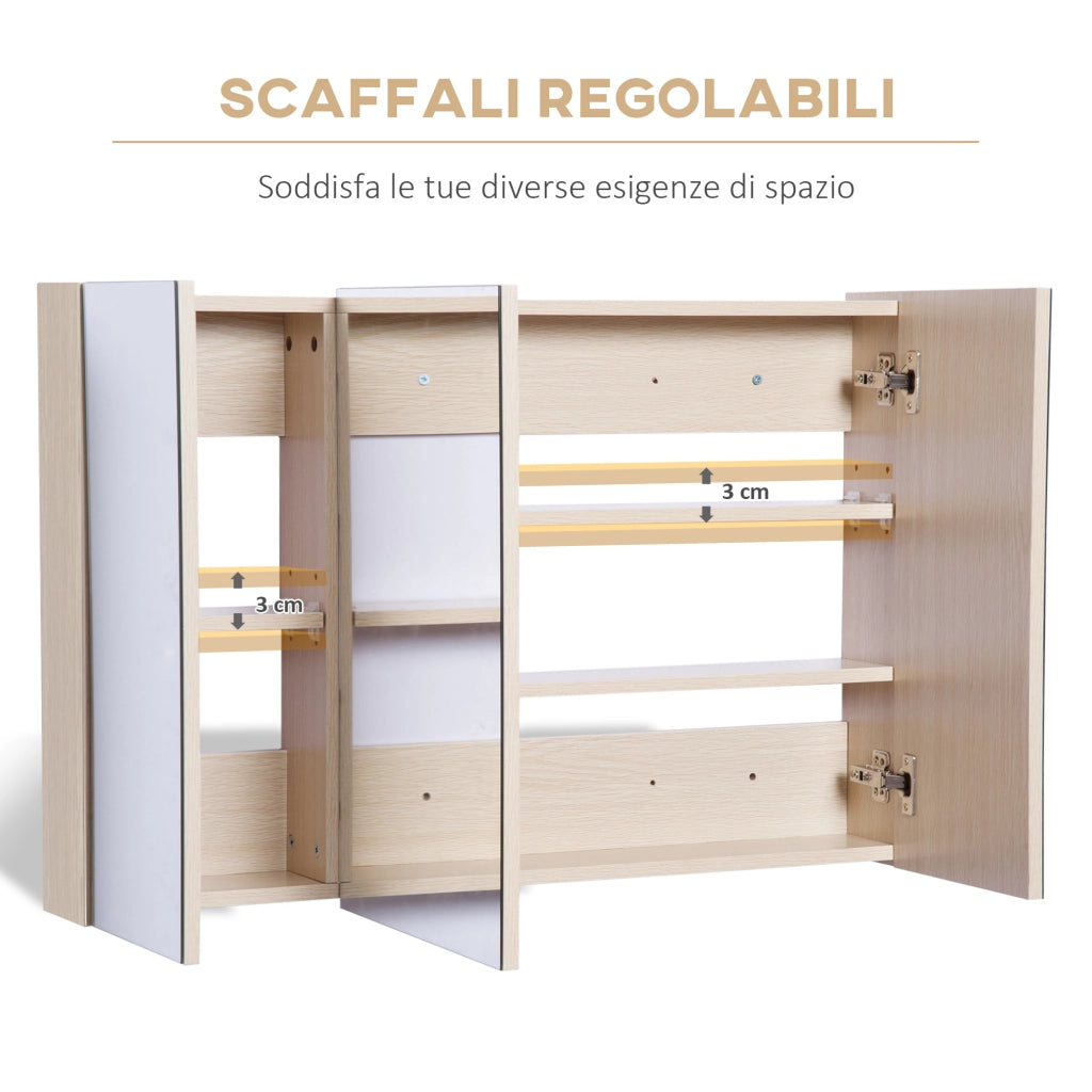 Specchio Bagno Contenitore con 3 Ante a Specchio Soft Close, Specchiera Bagno con Ripiani Regolabili in Legno e Vetro, 90x13.5x60 cm, Color Legno