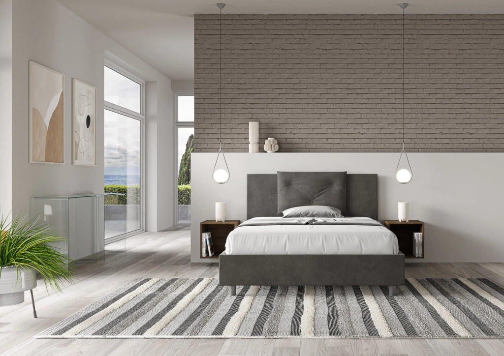 BS COM Letto una piazza e mezza con rete imbottito 130x200 microfibra grigio